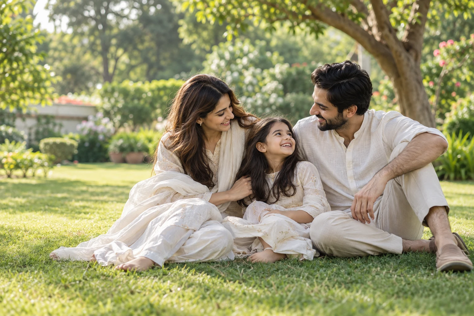 A family enjoying a quiet, happy moment together in a sunlit garden
